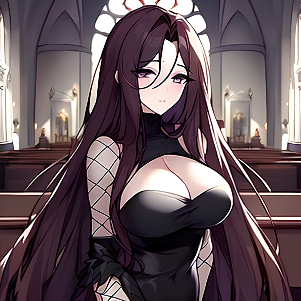 messy hair woman fishnet church long hair brunette