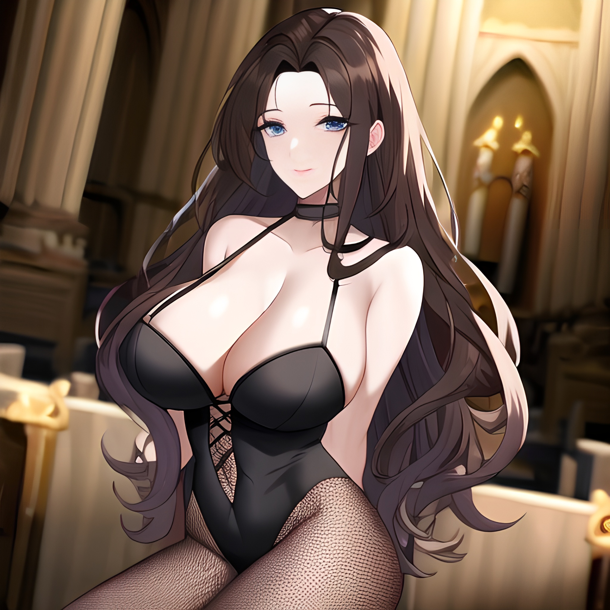 messy hair woman fishnet church long hair brunette