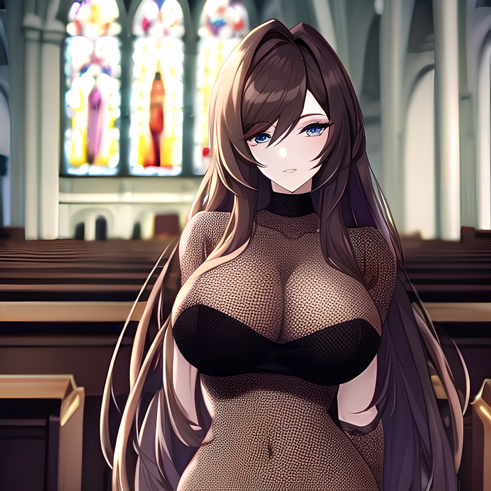 messy hair woman fishnet church long hair brunette