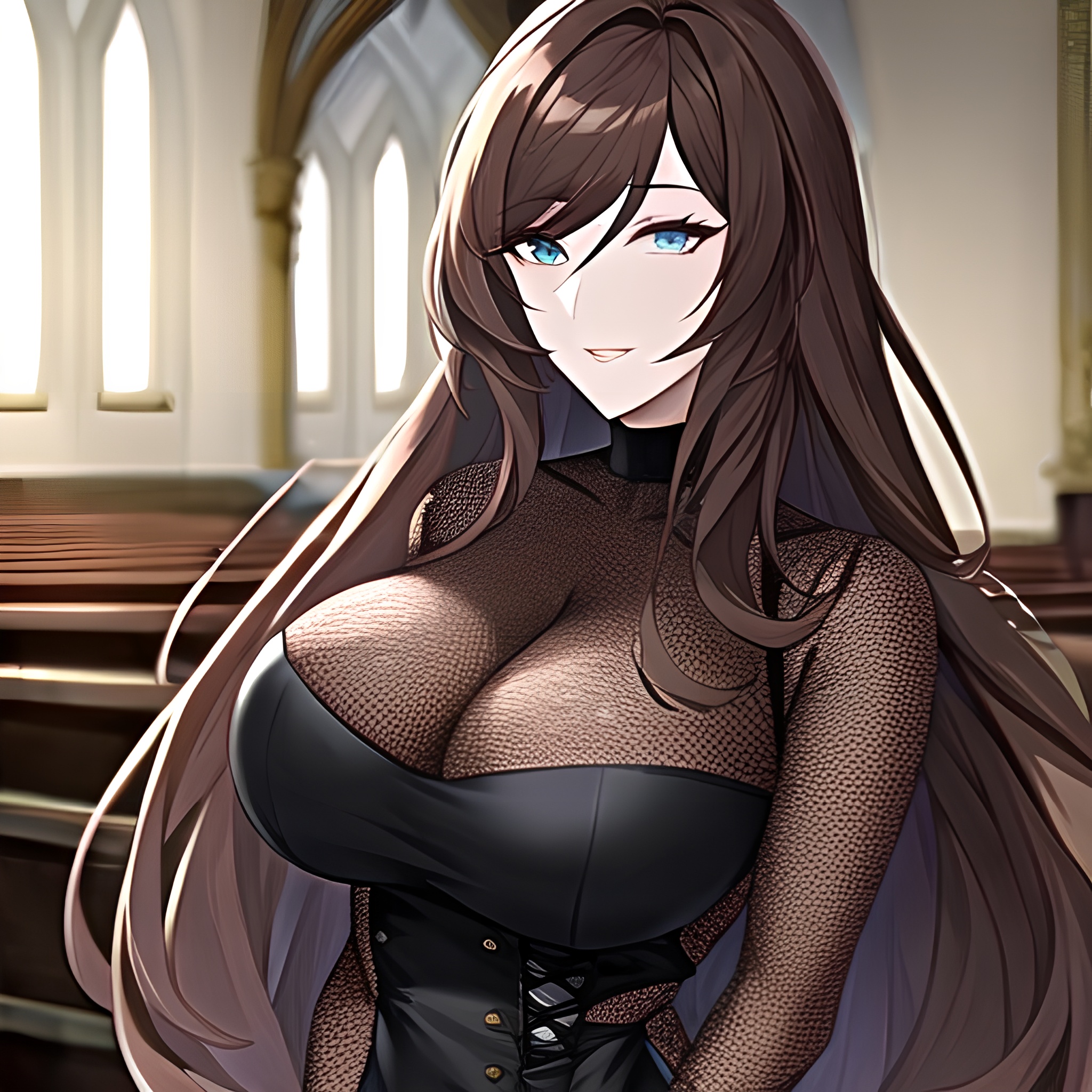 messy hair woman fishnet church long hair brunette