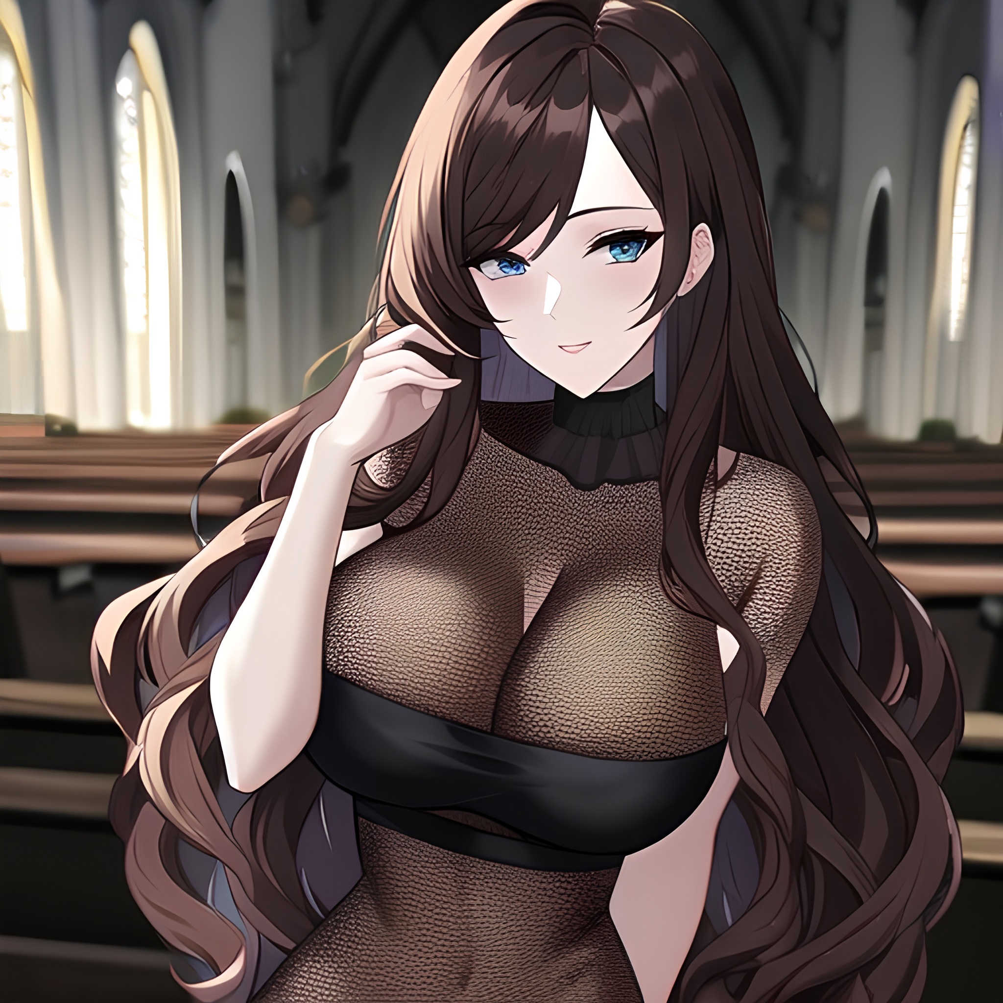 messy hair woman fishnet long hair brunette church 