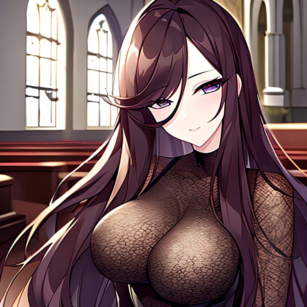 messy hair woman fishnet long hair brunette church 