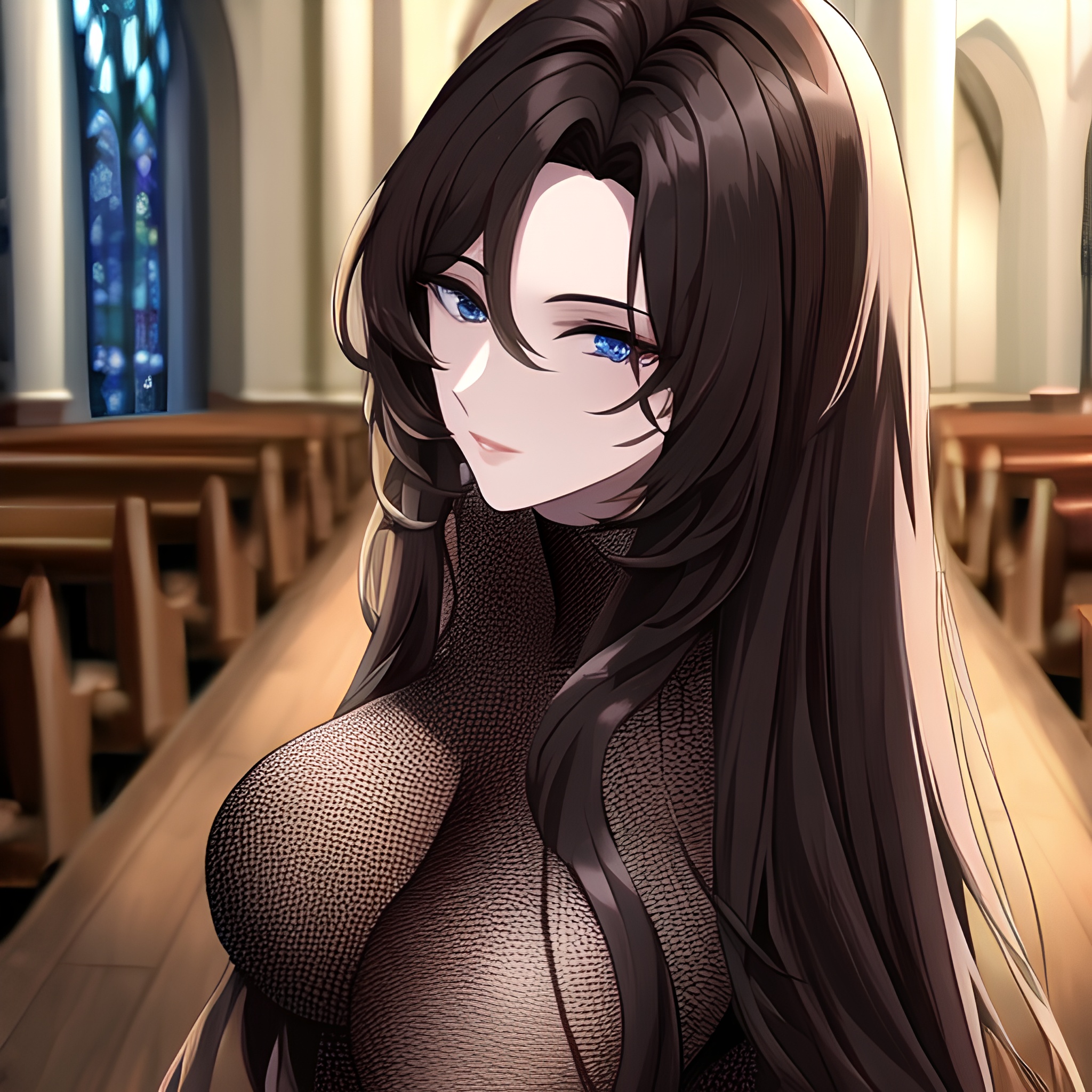 messy hair woman fishnet long hair brunette church 