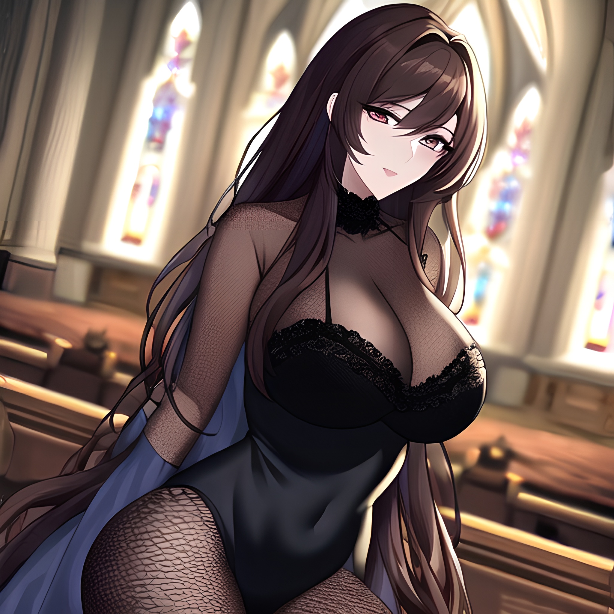 messy hair woman fishnet long hair church brunette 