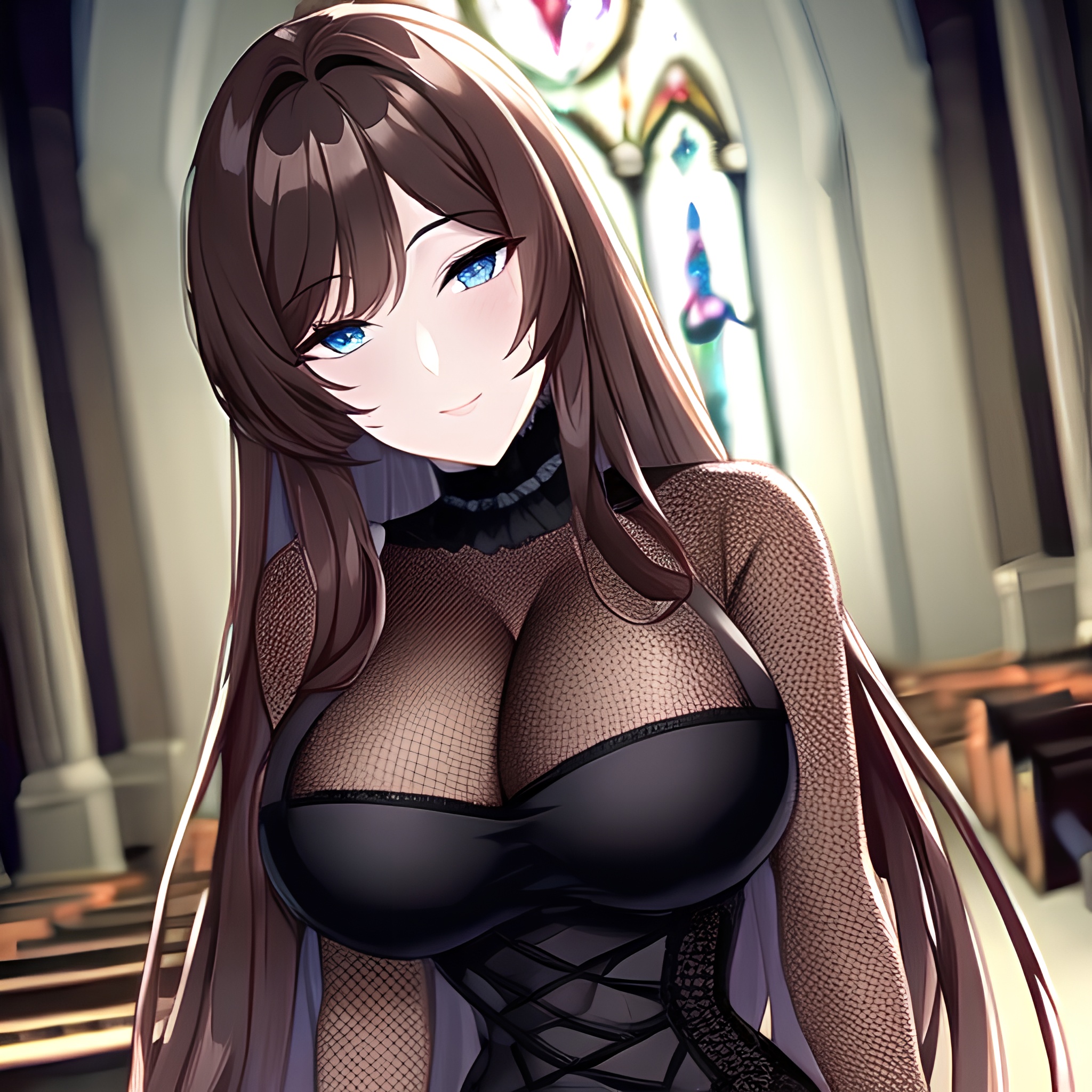 messy hair woman fishnet long hair church brunette 