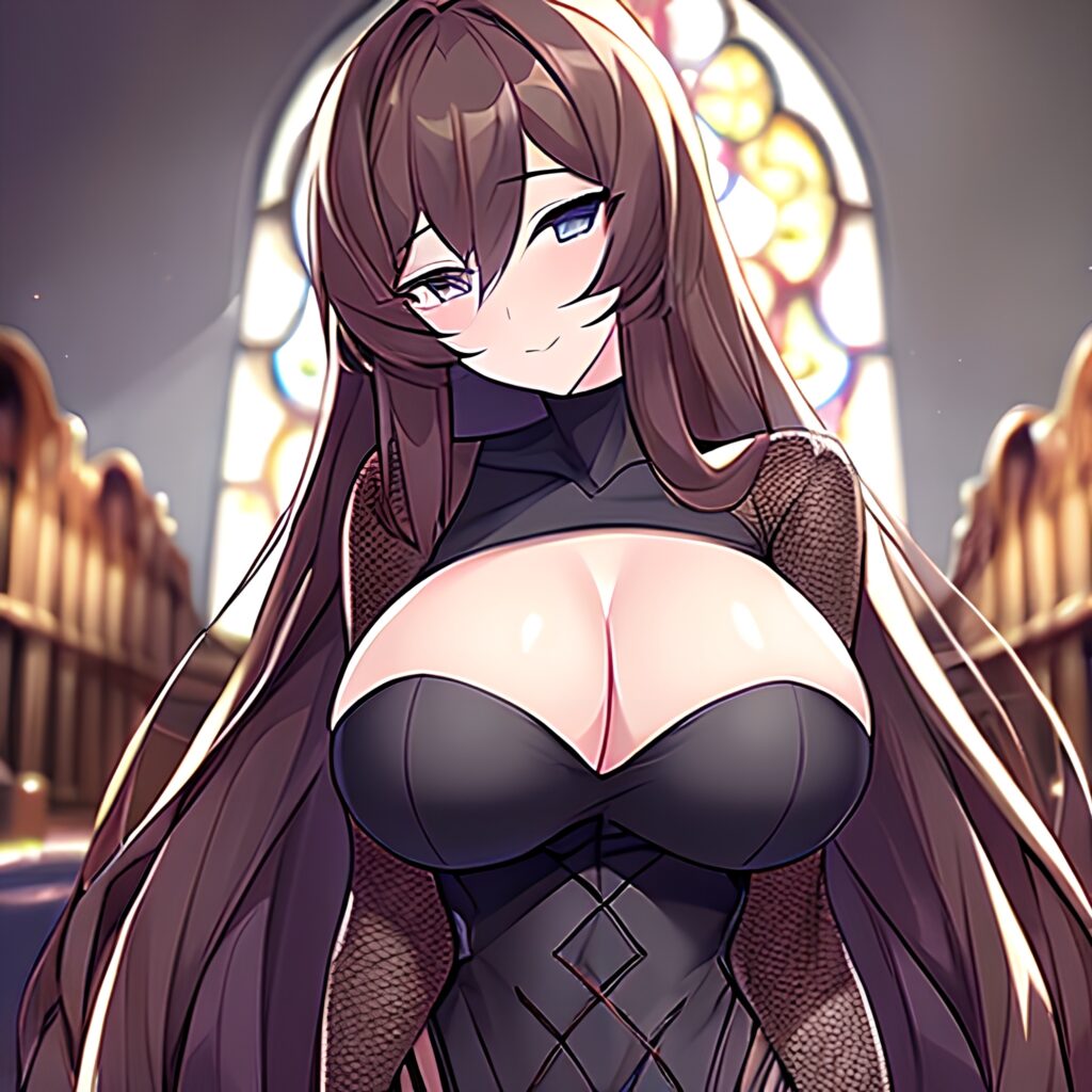 messy hair woman long hair brunette church fishnet 