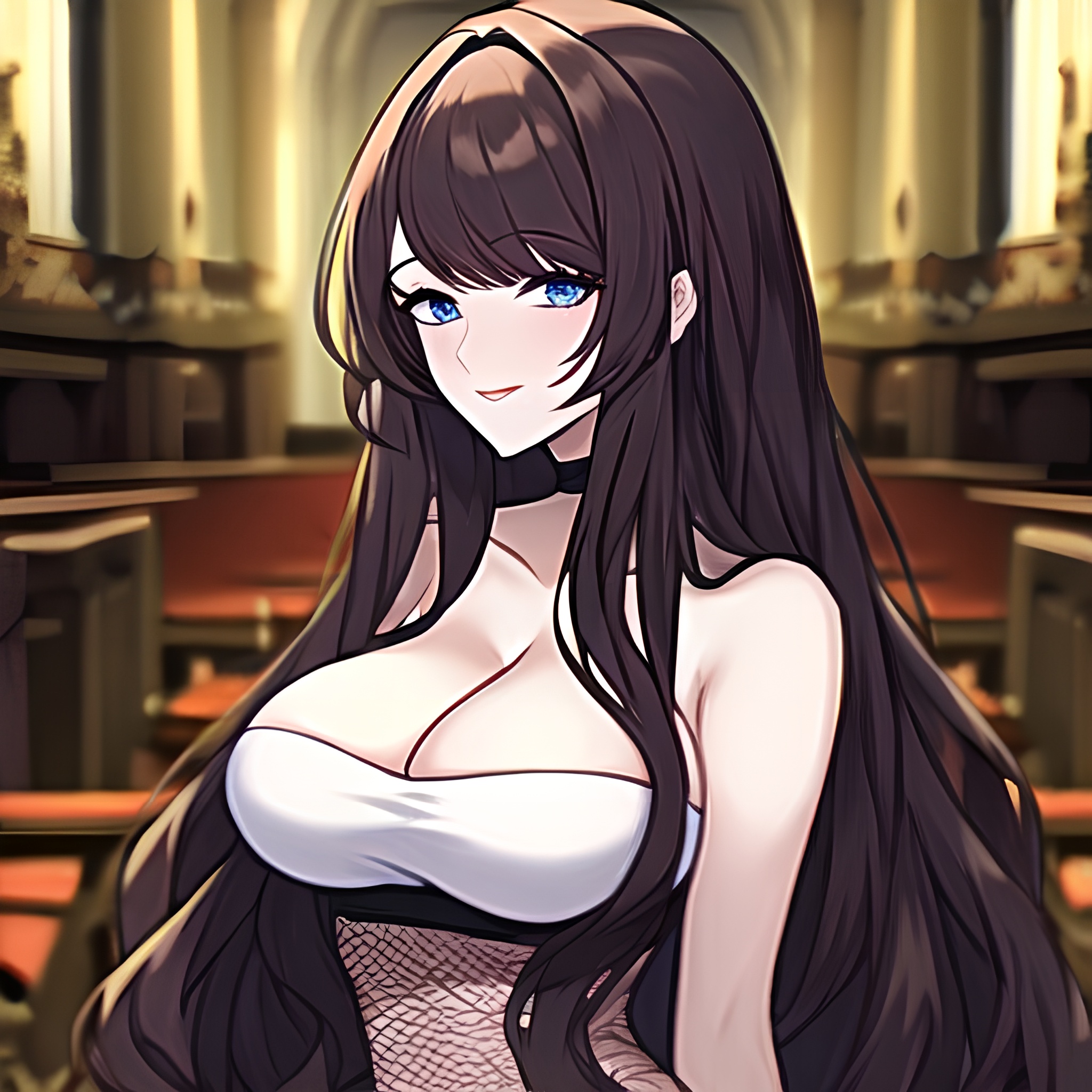 messy hair woman long hair brunette church fishnet 