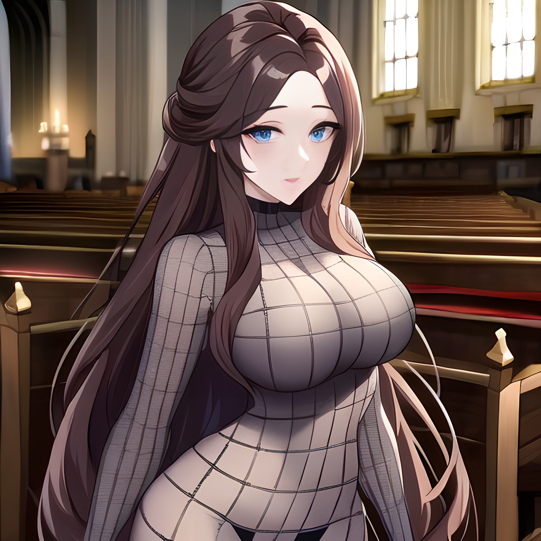 messy hair woman long hair brunette church fishnet