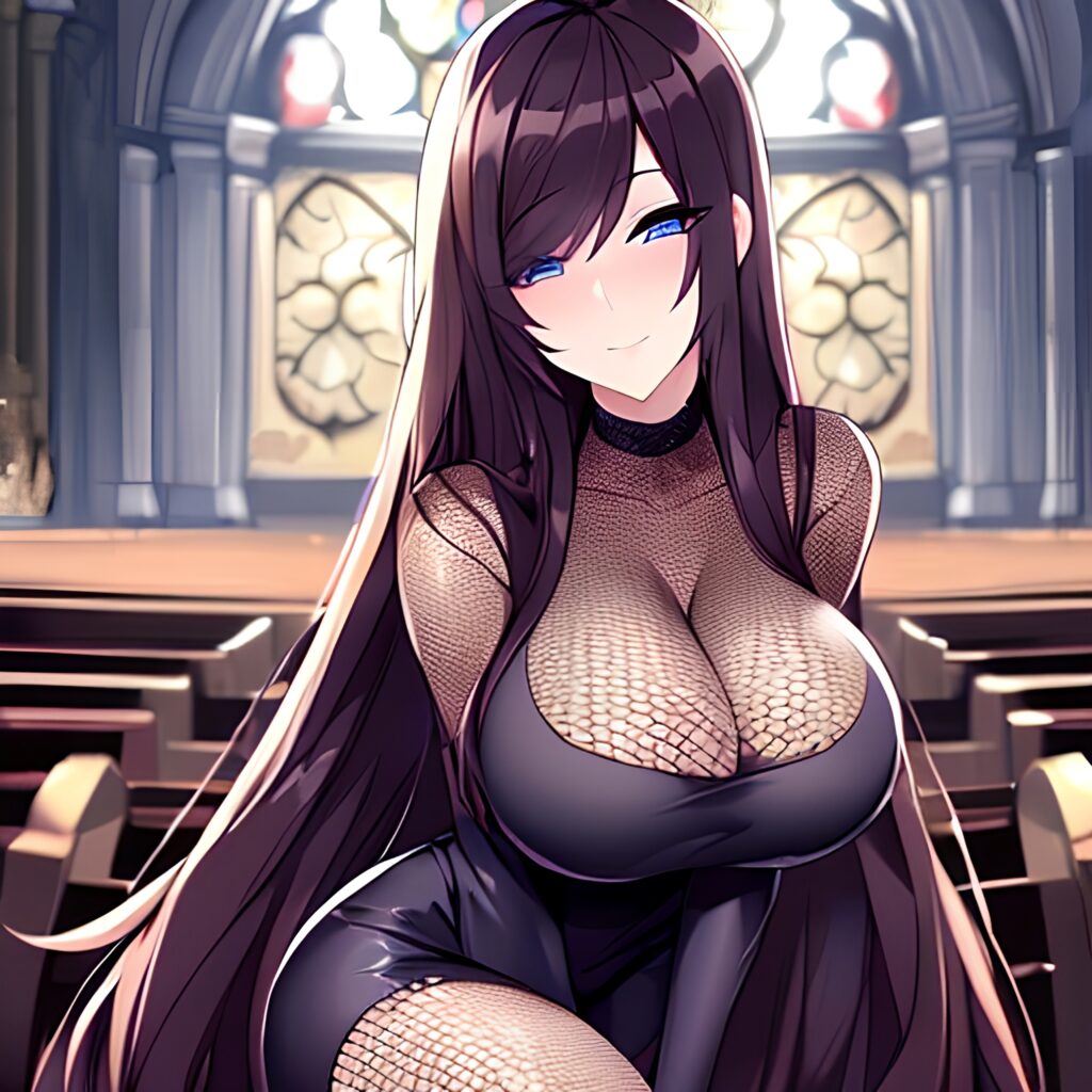 messy hair woman long hair brunette church fishnet 