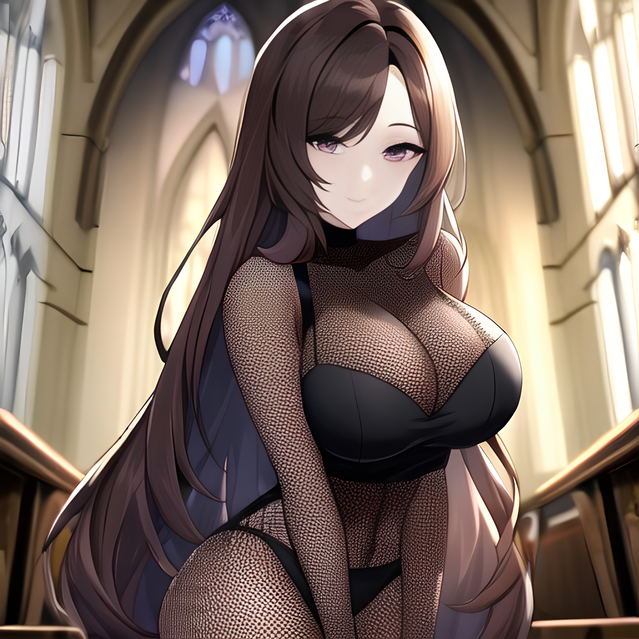 messy hair woman long hair brunette church fishnet 