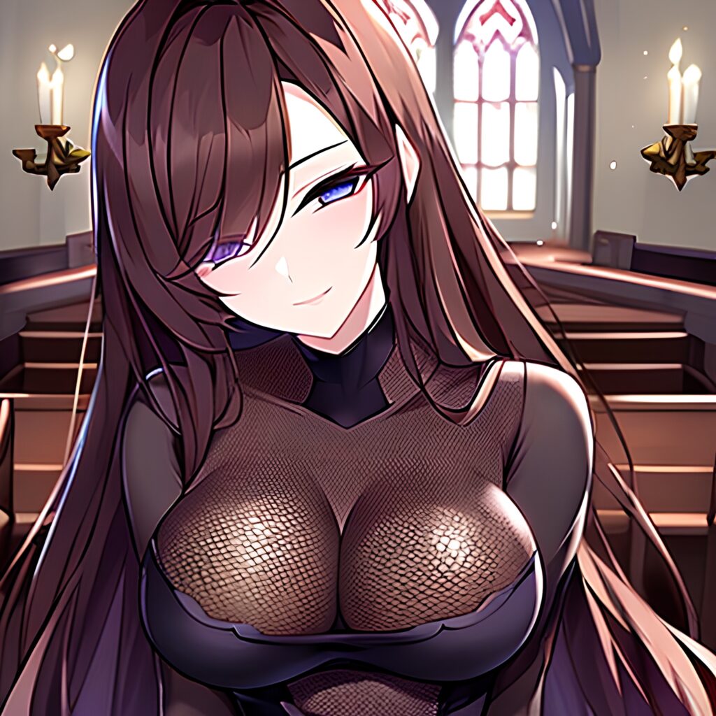 messy hair woman long hair brunette fishnet church 