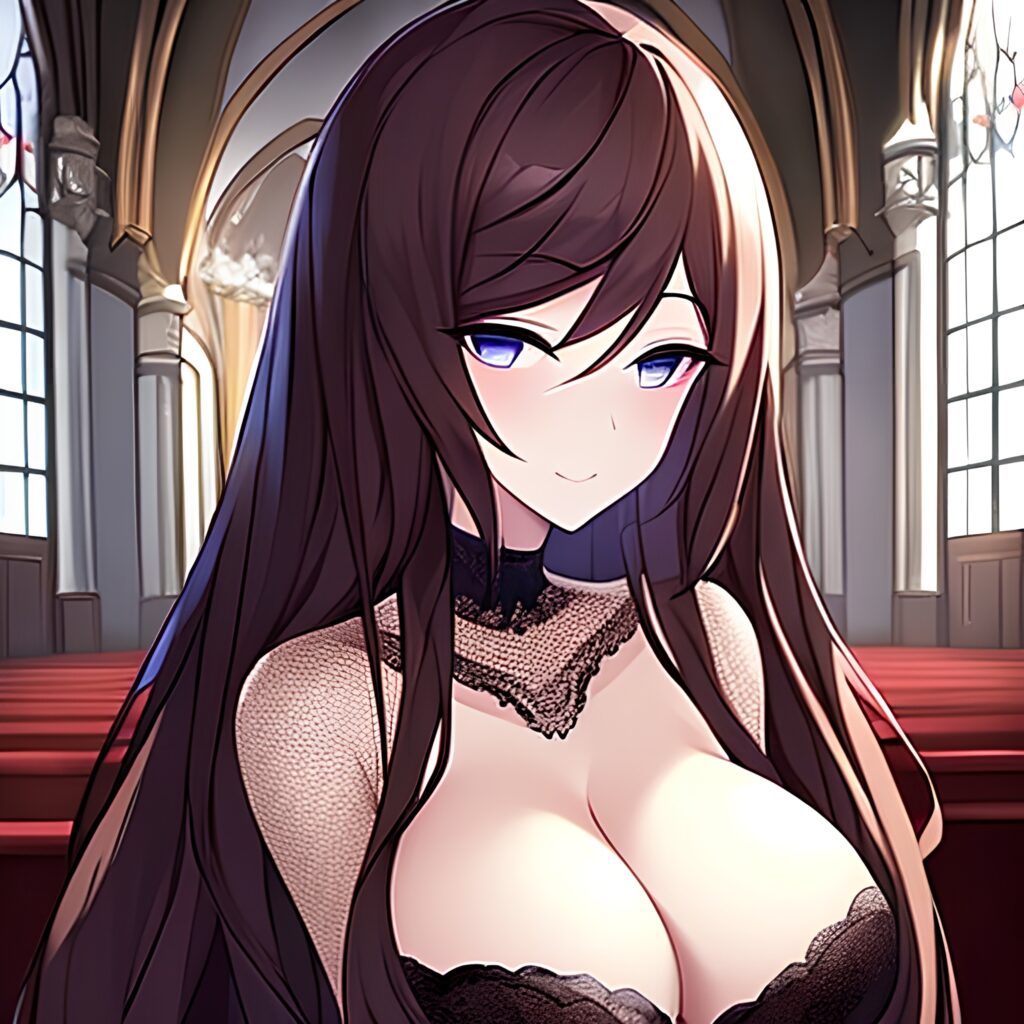 messy hair woman long hair church brunette fishnet 