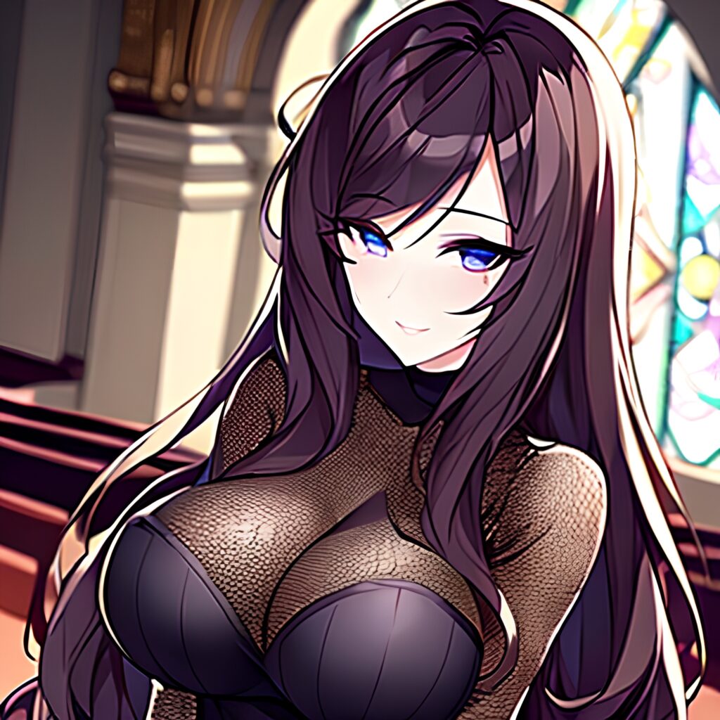 messy hair woman long hair church brunette fishnet