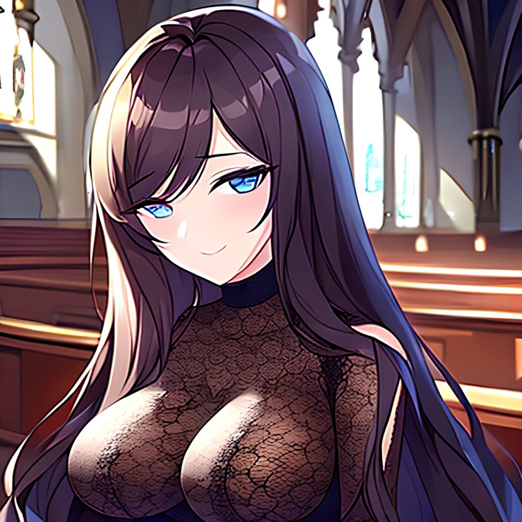 messy hair woman long hair church brunette fishnet 
