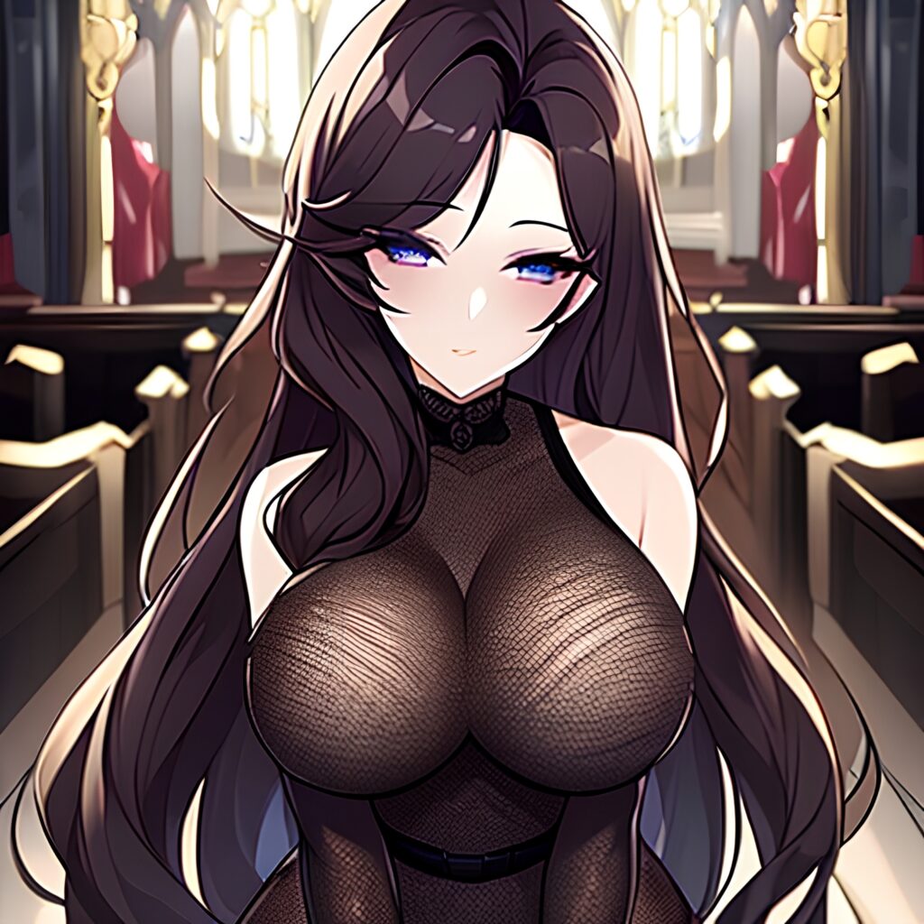 messy hair woman long hair church brunette fishnet