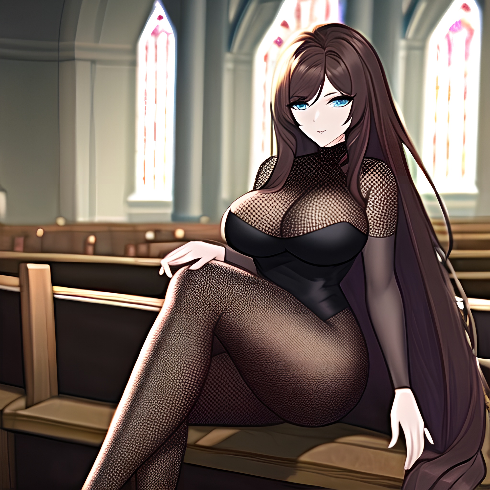 messy hair woman long hair church fishnet brunette