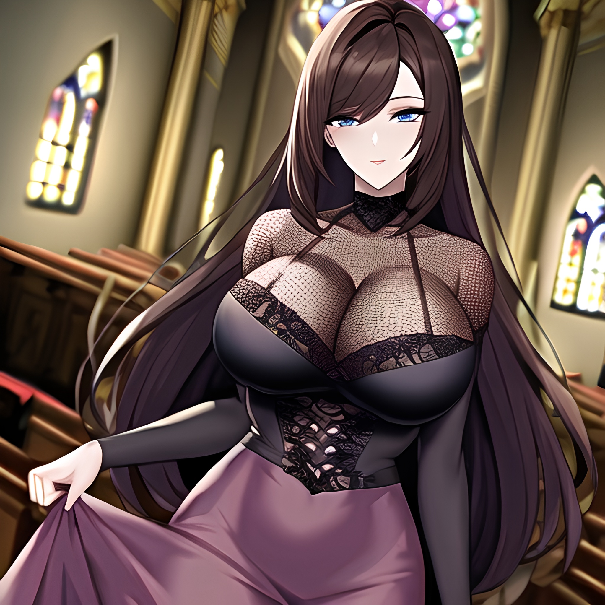 messy hair woman long hair fishnet brunette church 