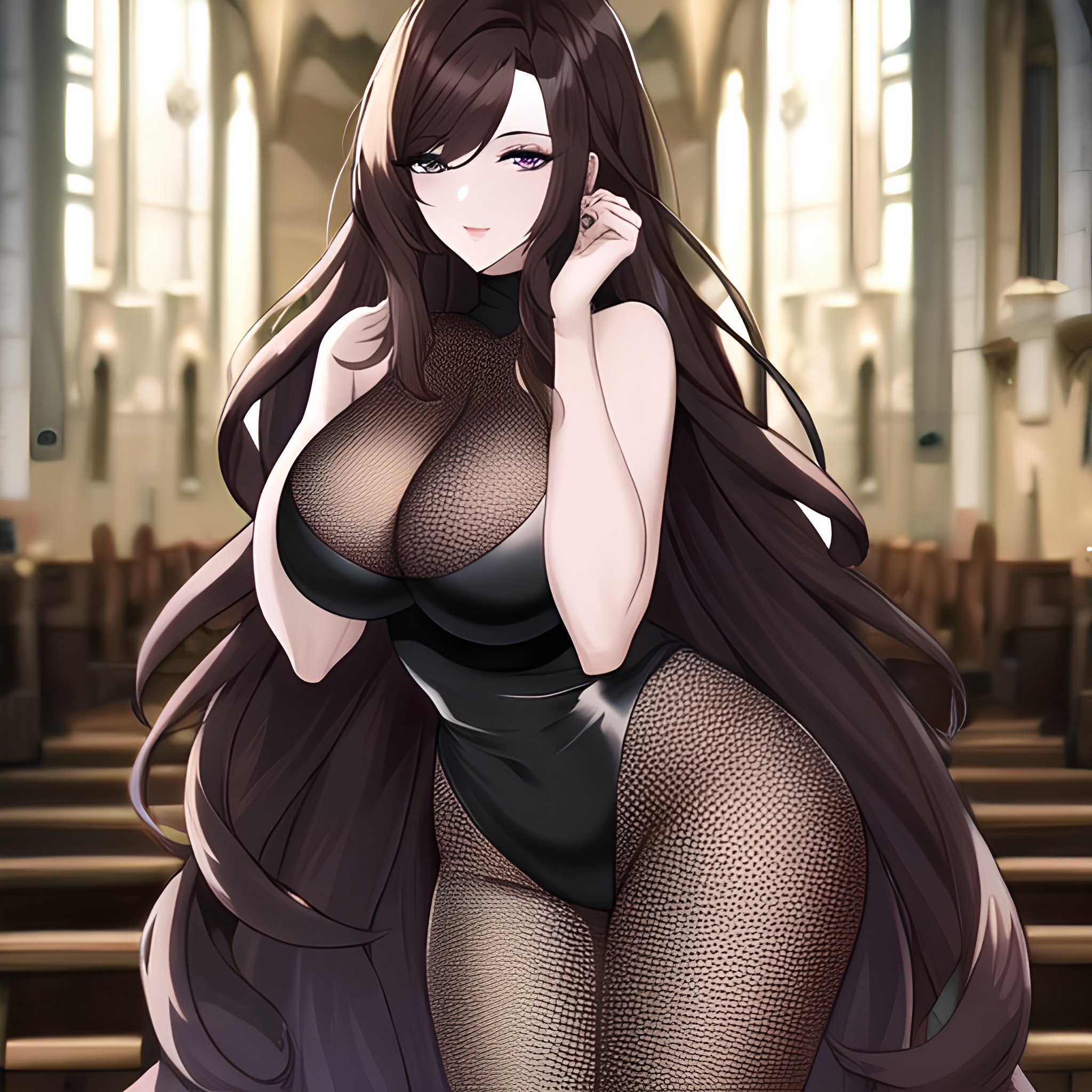 messy hair woman long hair fishnet brunette church