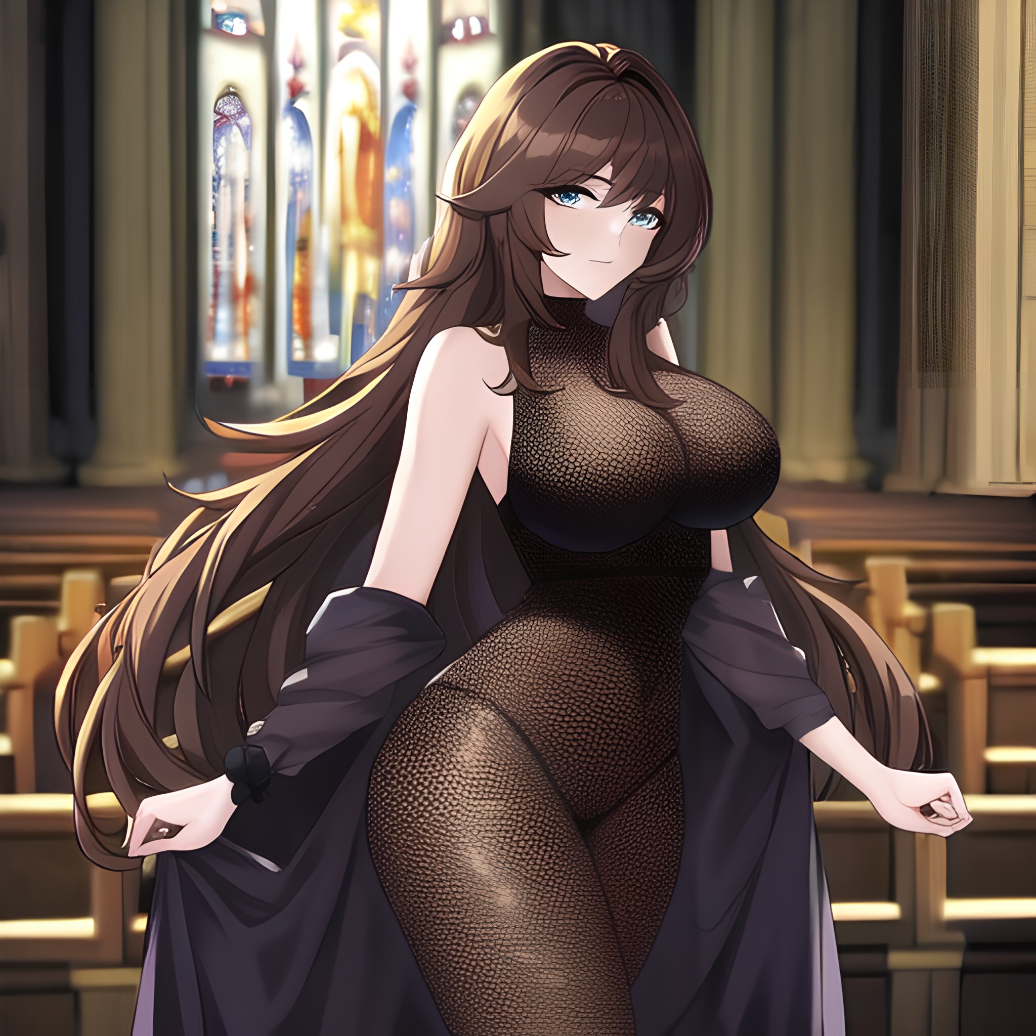 messy hair woman long hair fishnet brunette church 