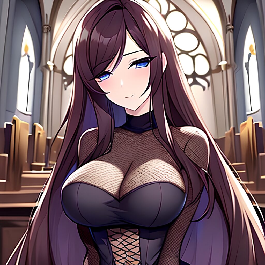 woman brunette church fishnet long hair messy hair 