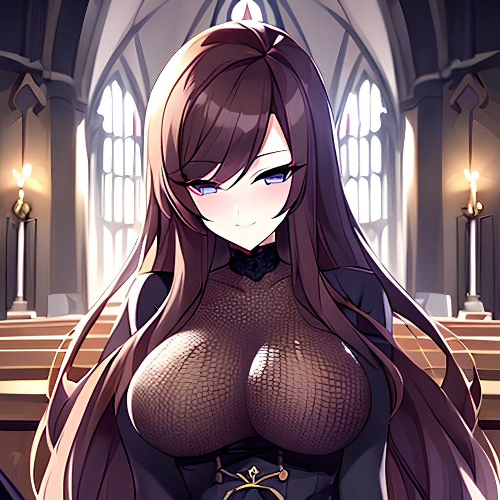 woman brunette church fishnet long hair messy hair