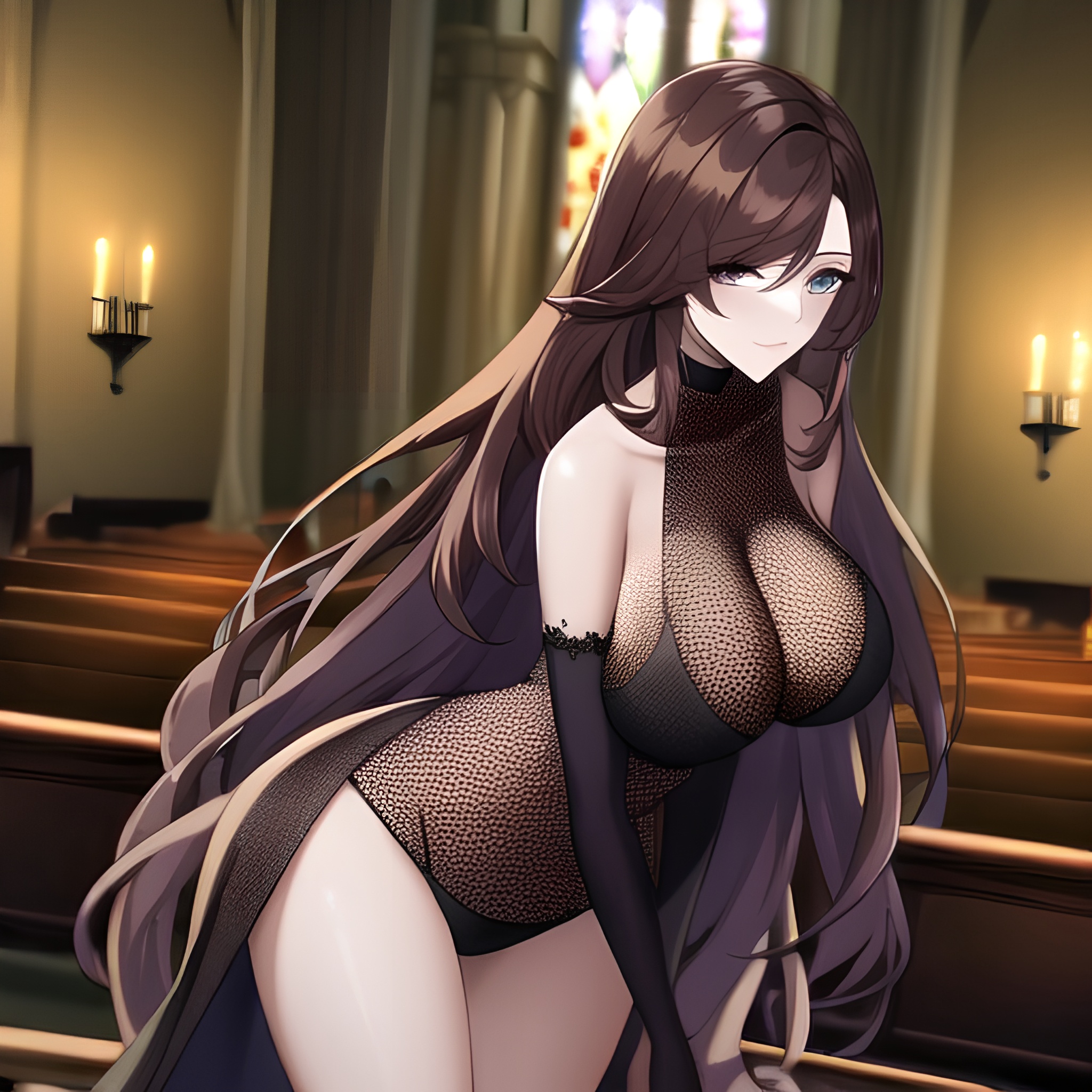 woman brunette church fishnet long hair messy hair 