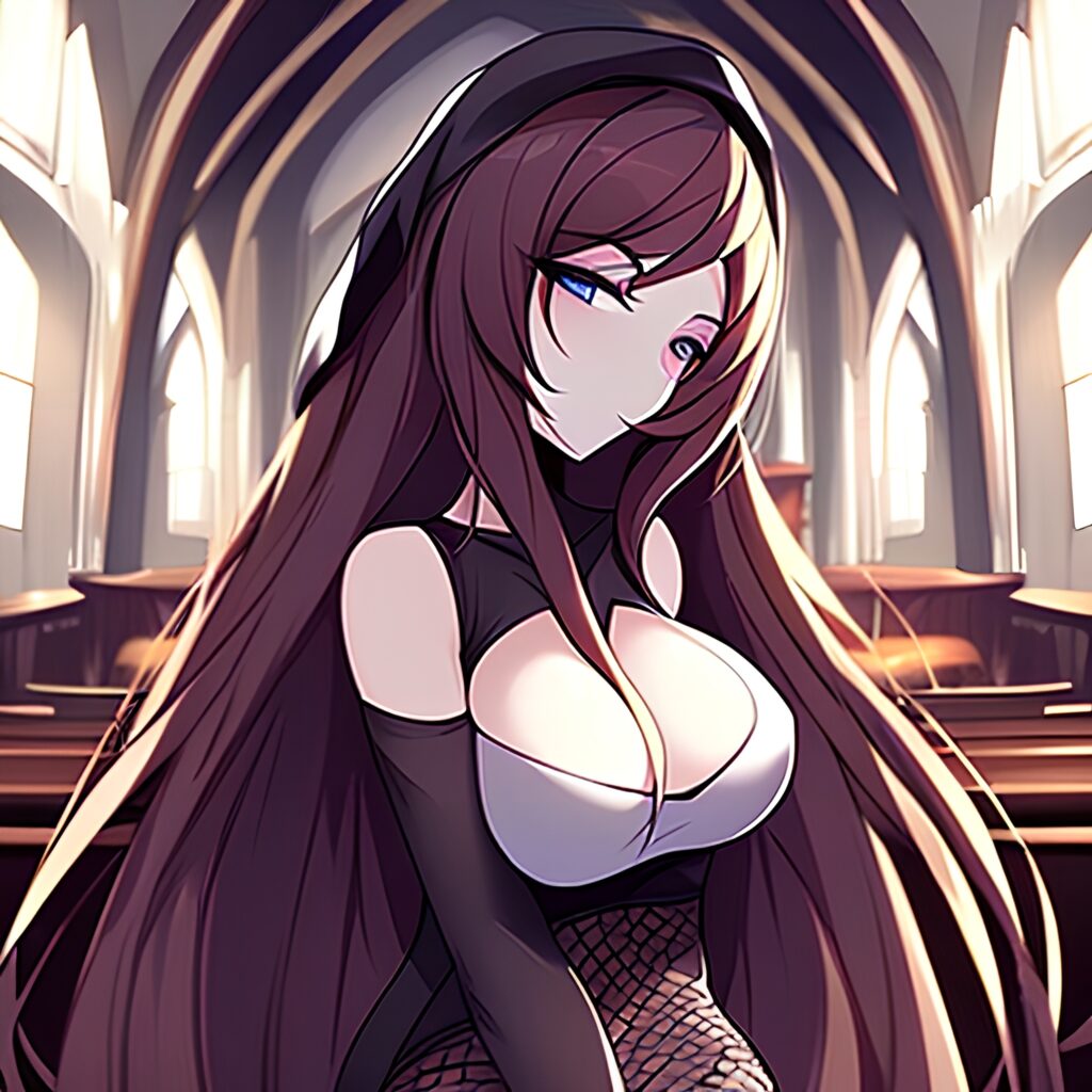 woman brunette church fishnet long hair messy hair 