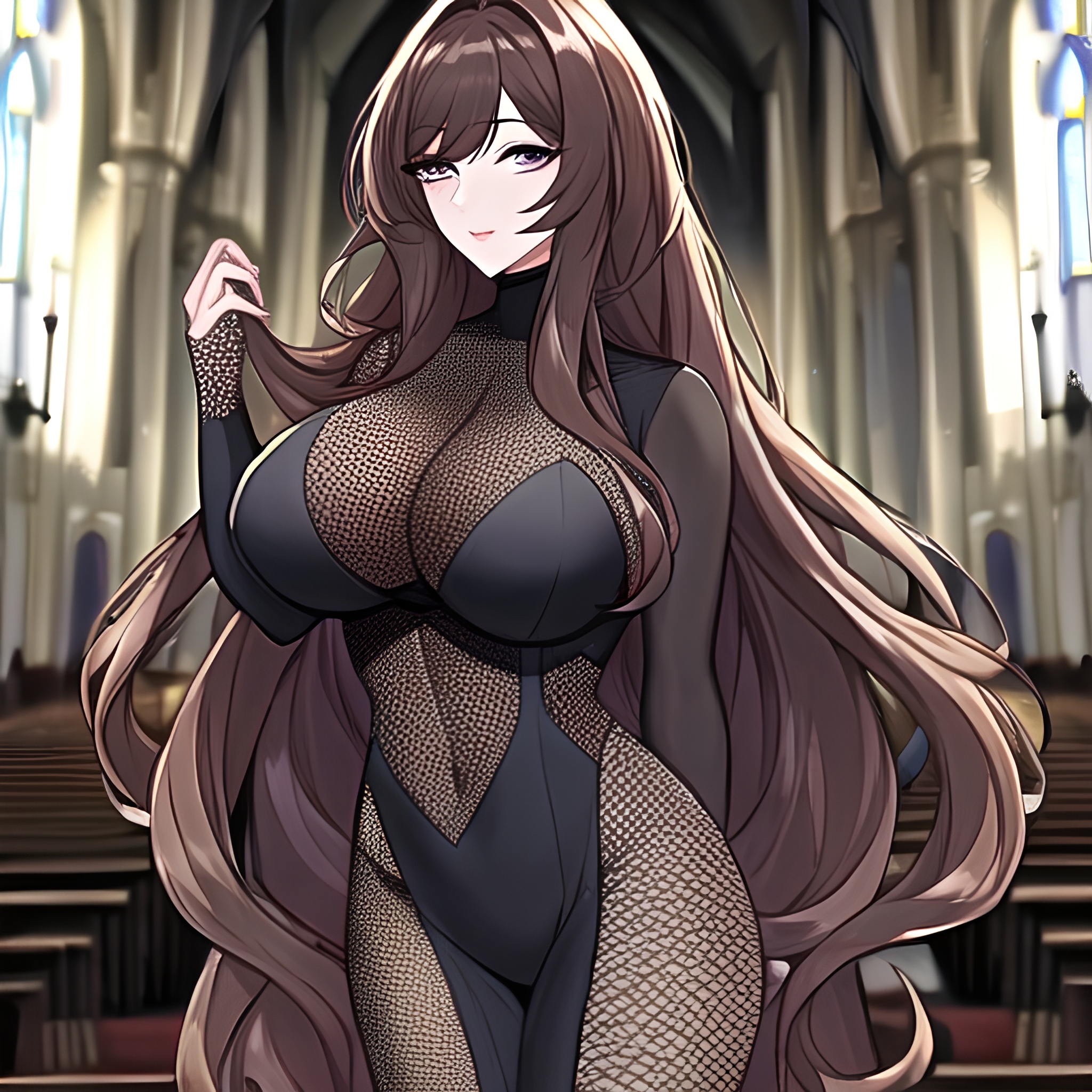 woman brunette church fishnet long hair messy hair