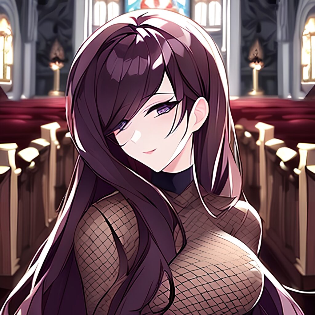 woman brunette church fishnet messy hair long hair 