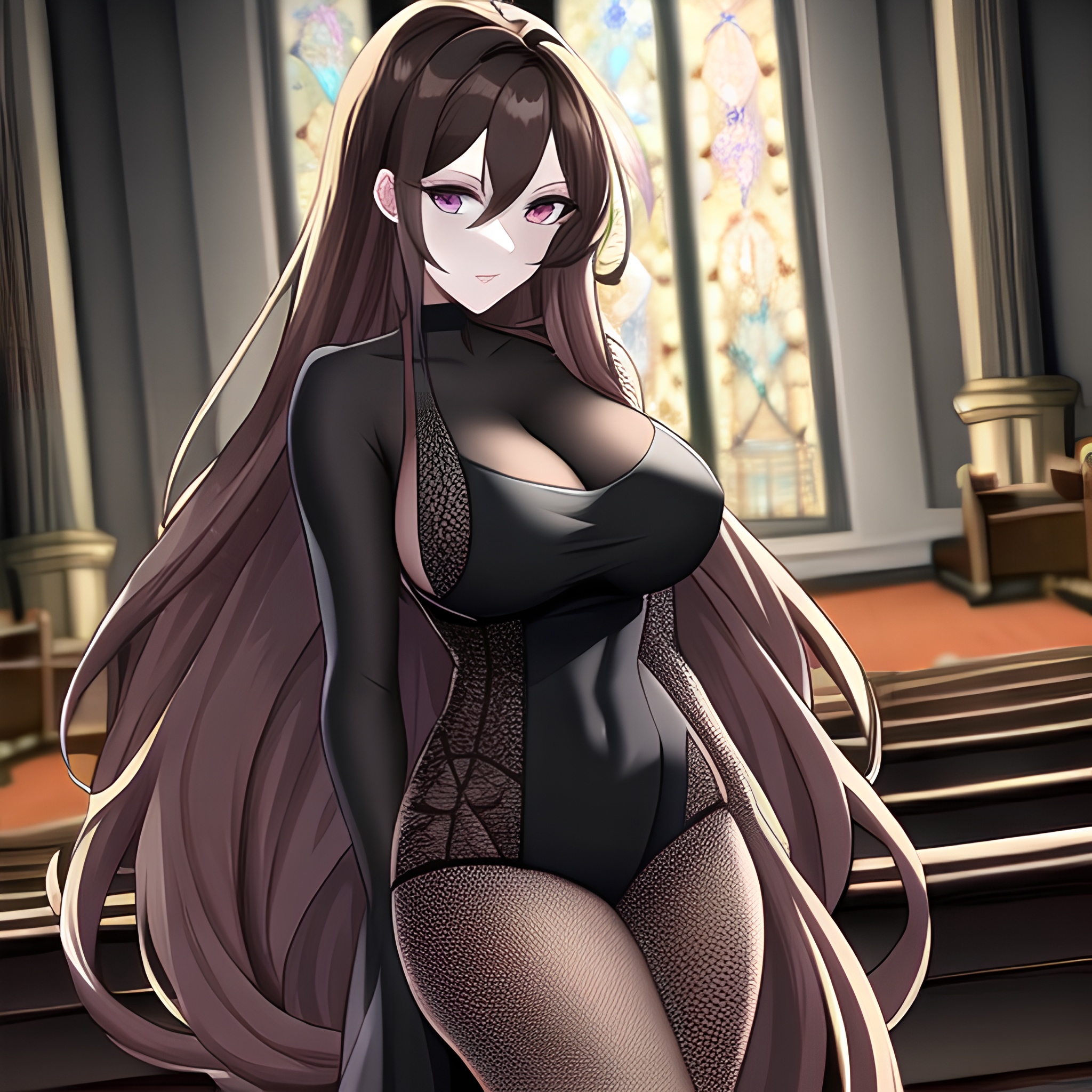 woman brunette church long hair fishnet messy hair