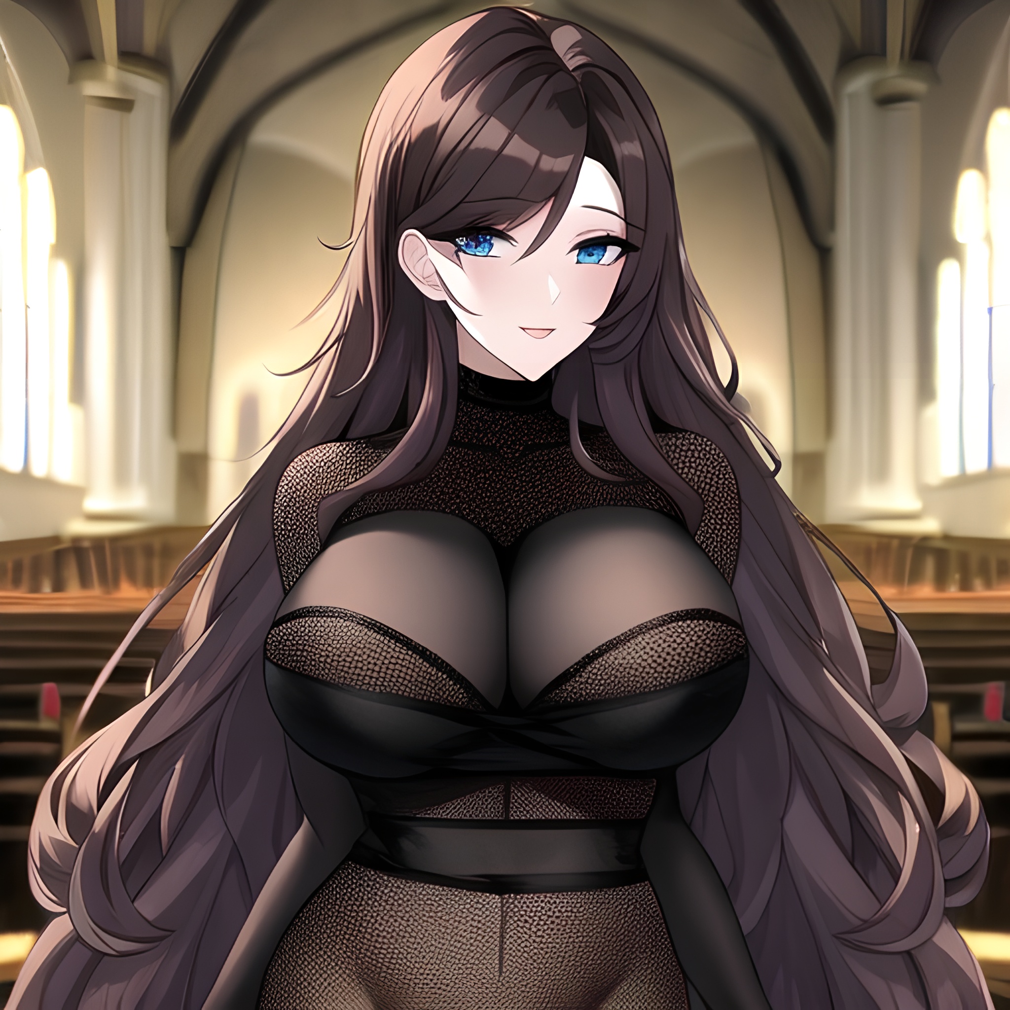 woman brunette church long hair fishnet messy hair