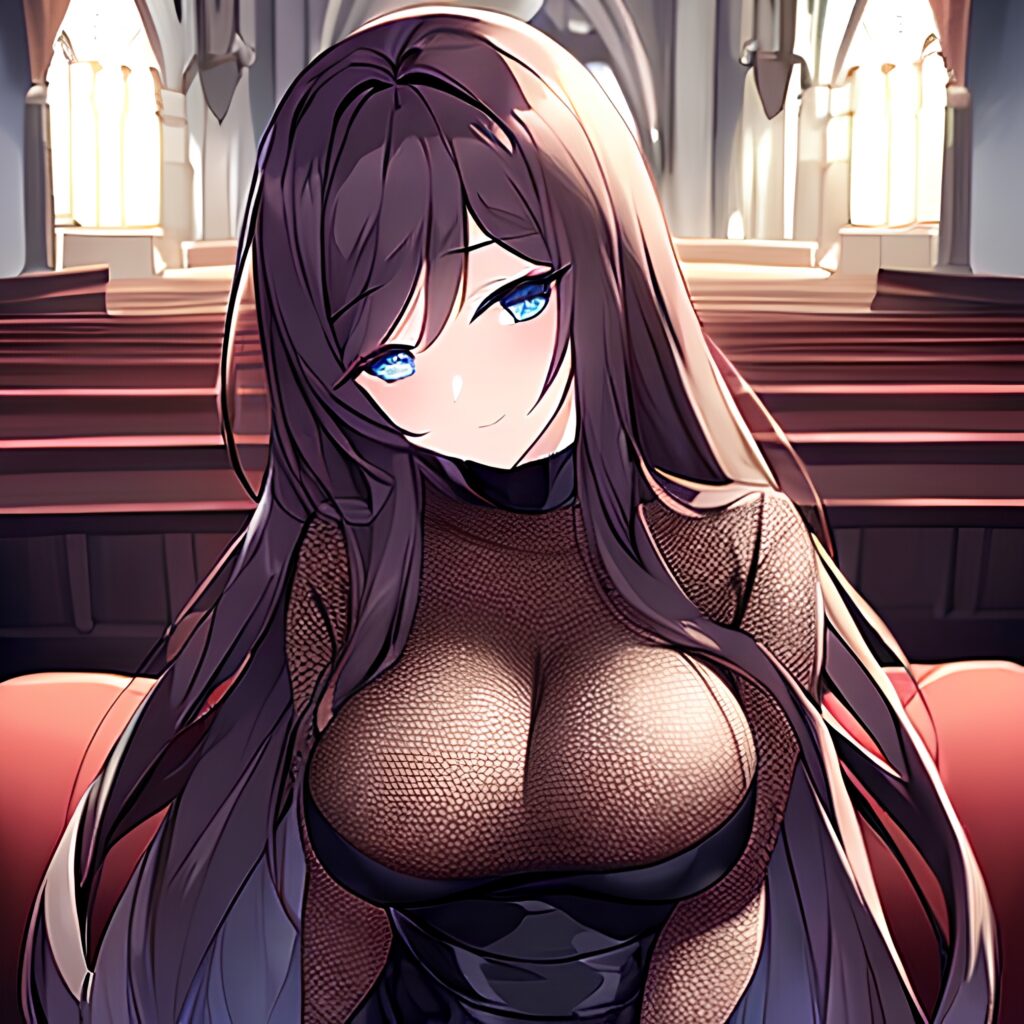 woman brunette church long hair fishnet messy hair 