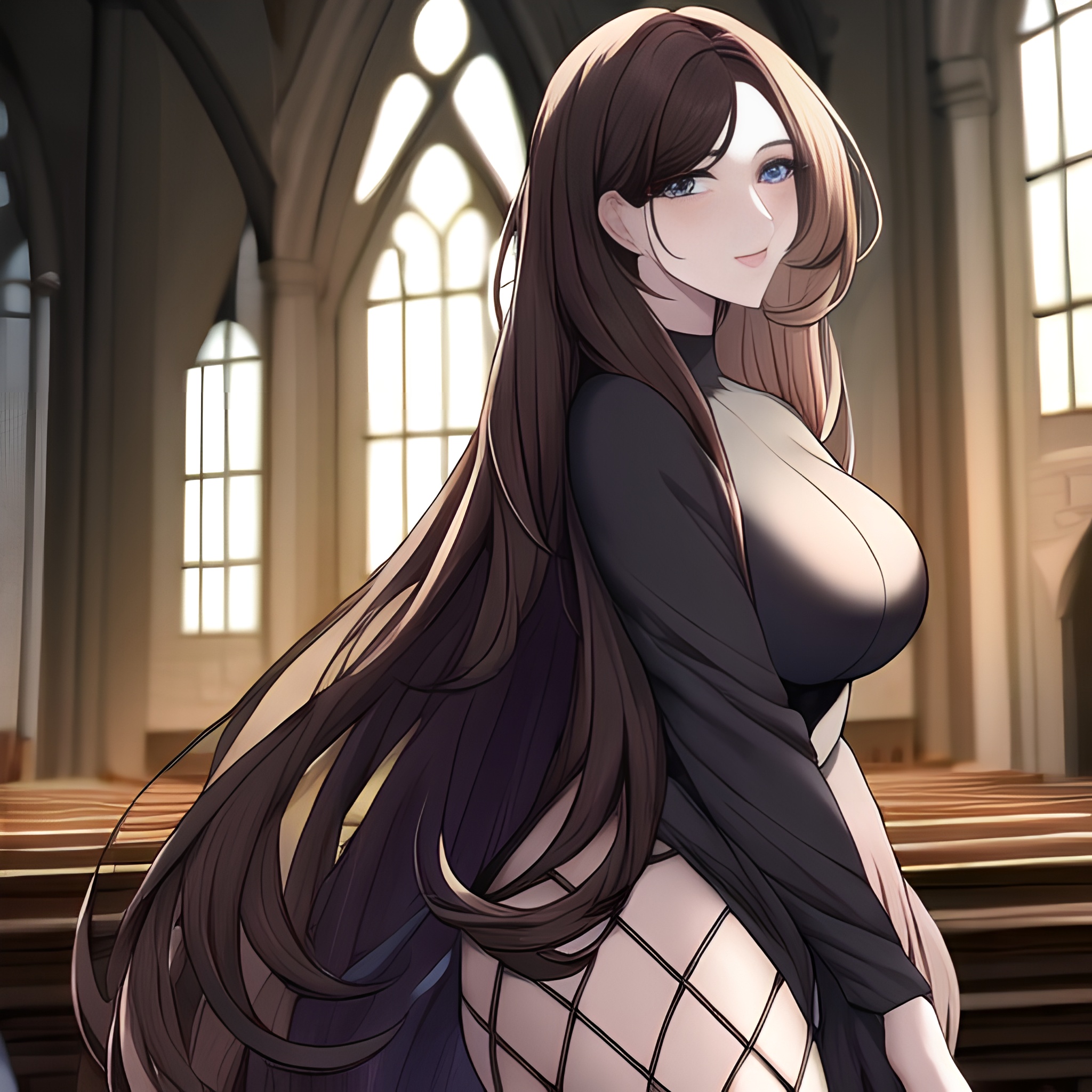 woman brunette church long hair messy hair fishnet 