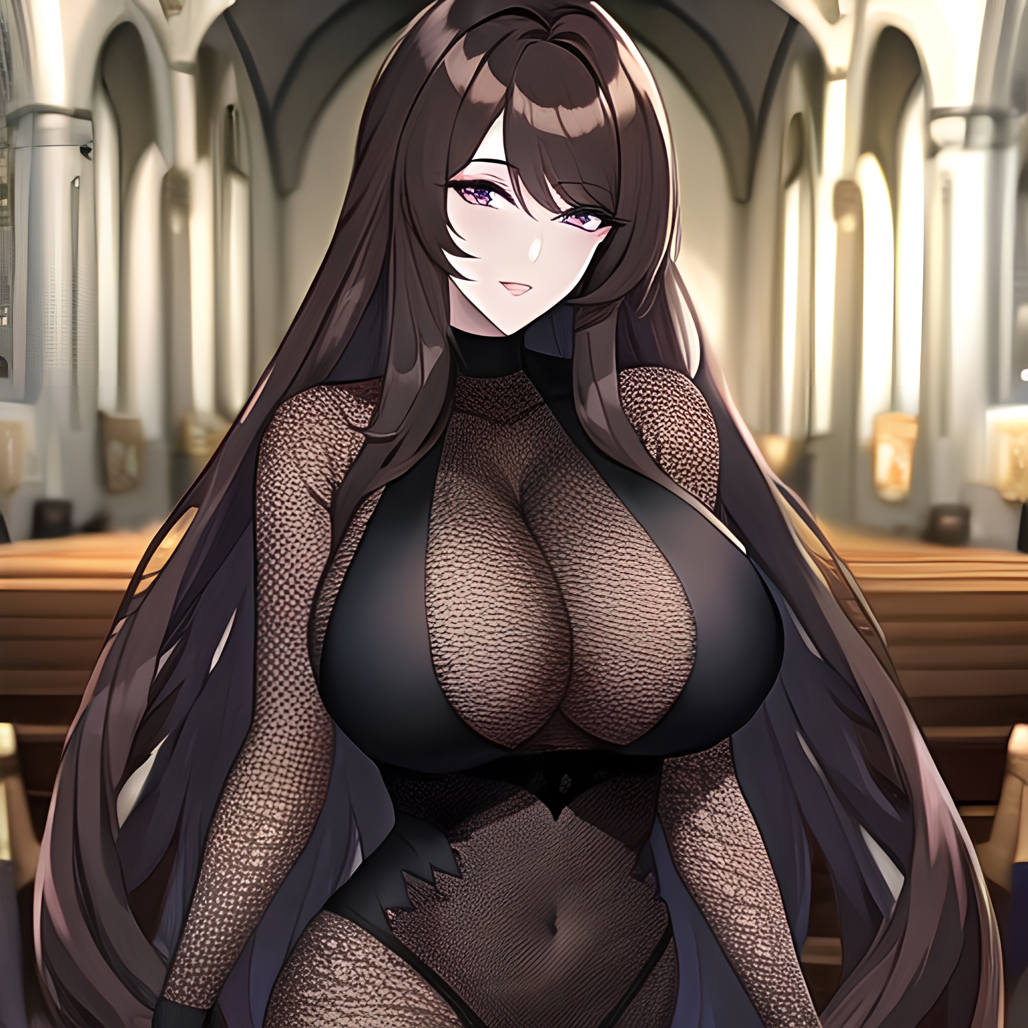 woman brunette church messy hair fishnet long hair