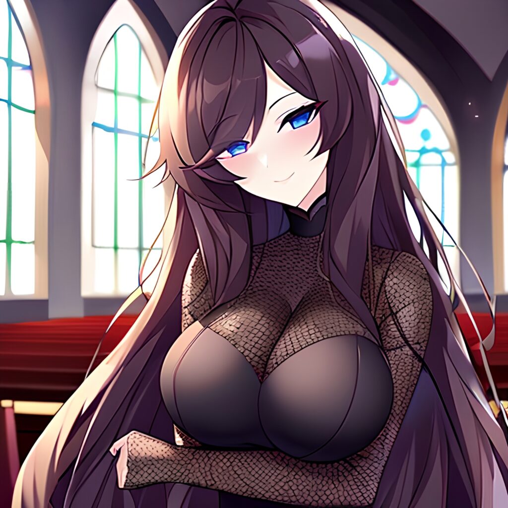 woman brunette church messy hair fishnet long hair 