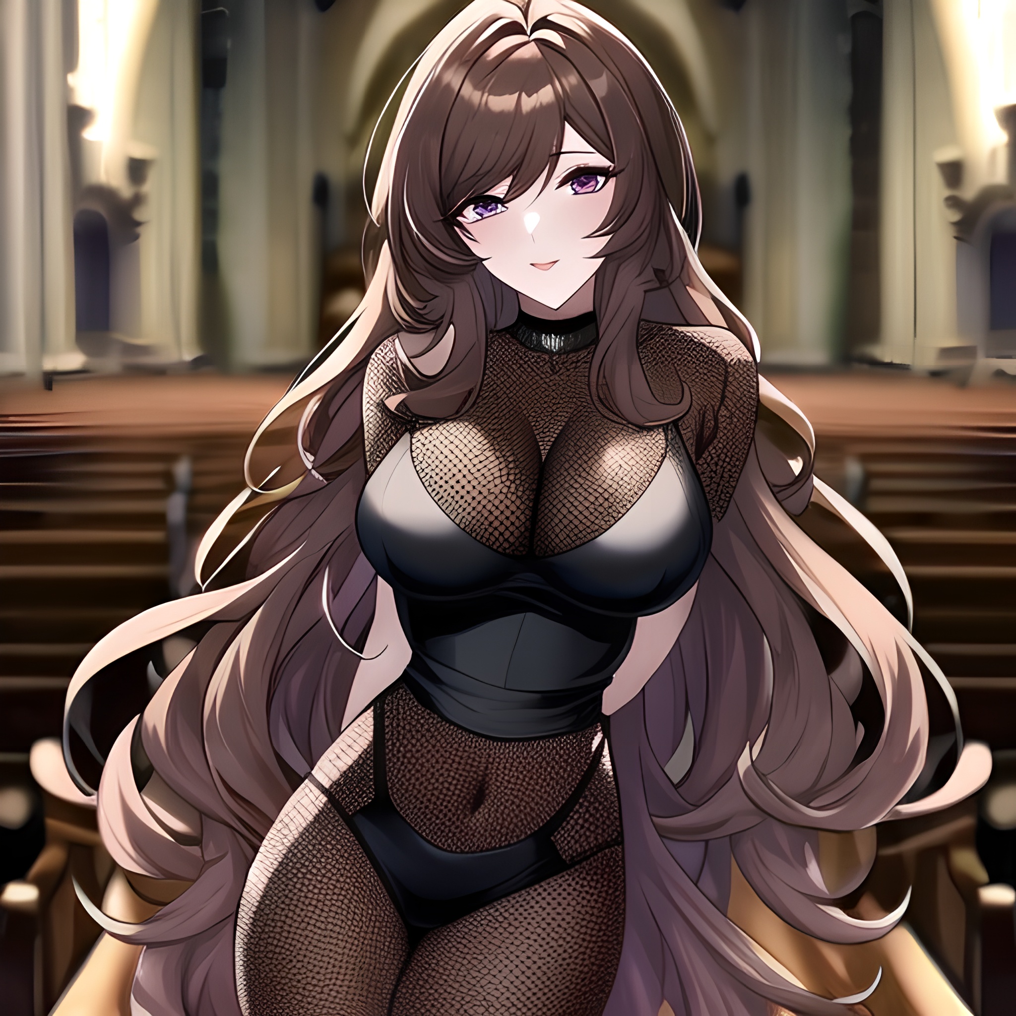 woman brunette church messy hair fishnet long hair 