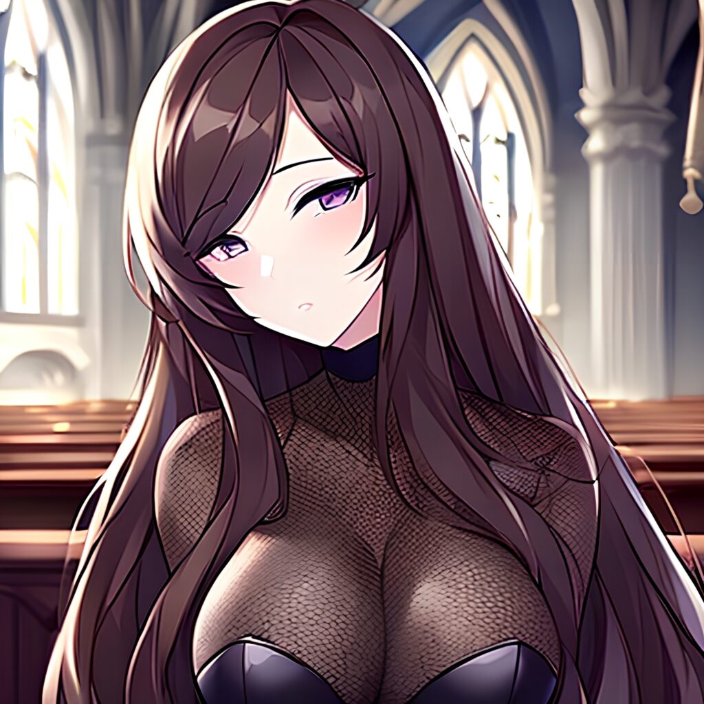 woman brunette church messy hair fishnet long hair 
