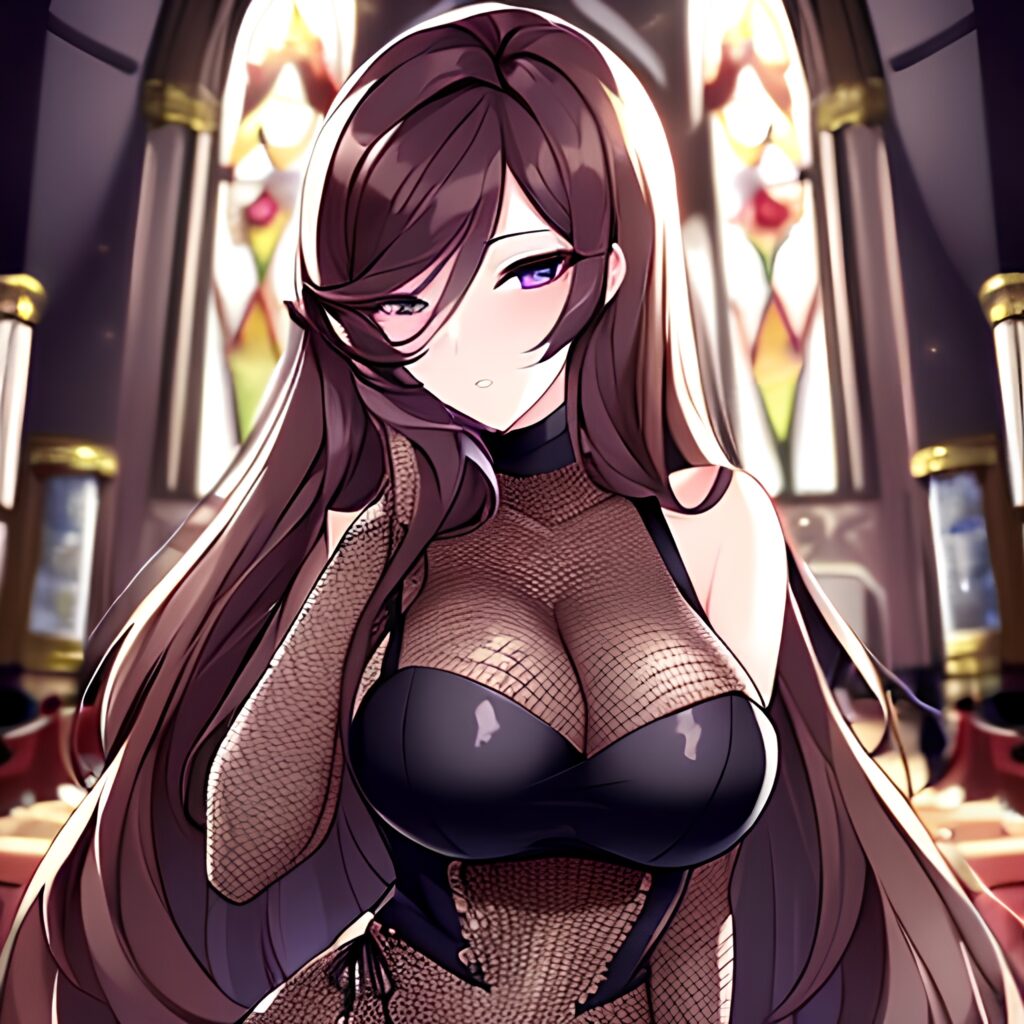 woman brunette church messy hair fishnet long hair 