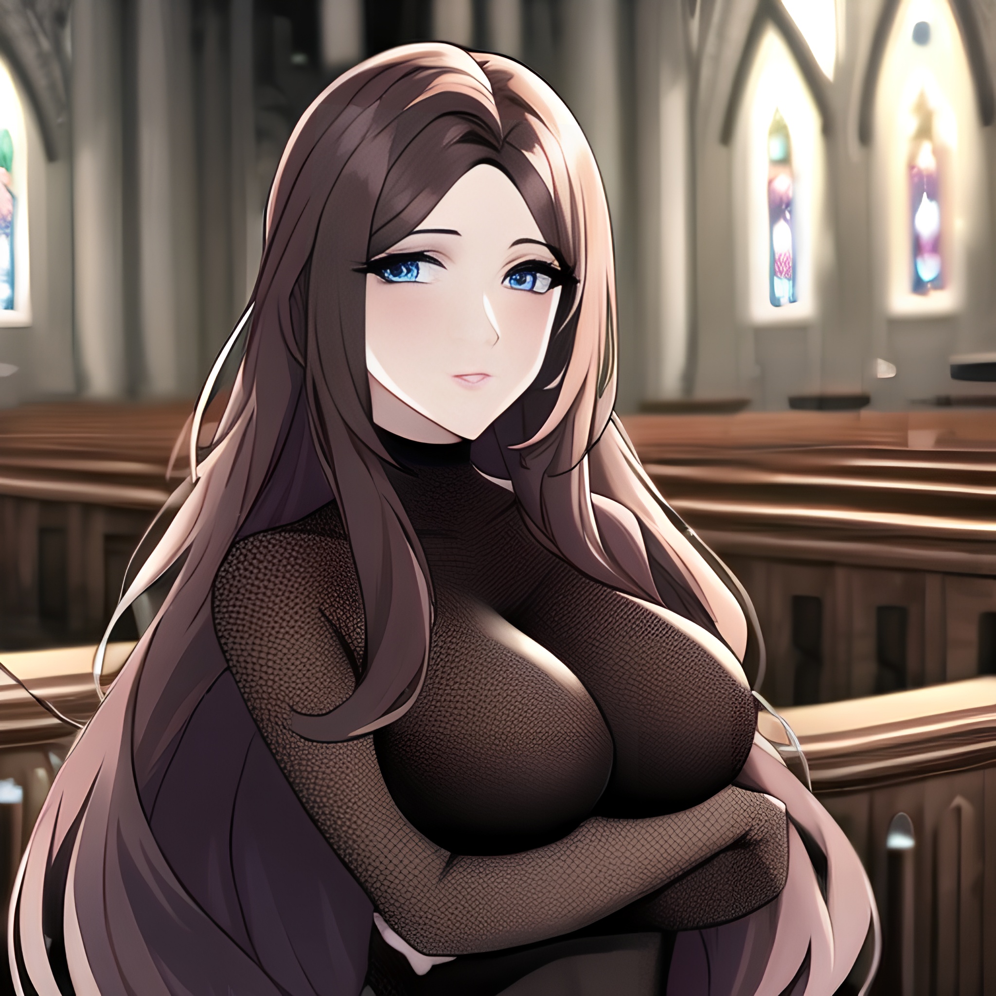 woman brunette church messy hair long hair fishnet