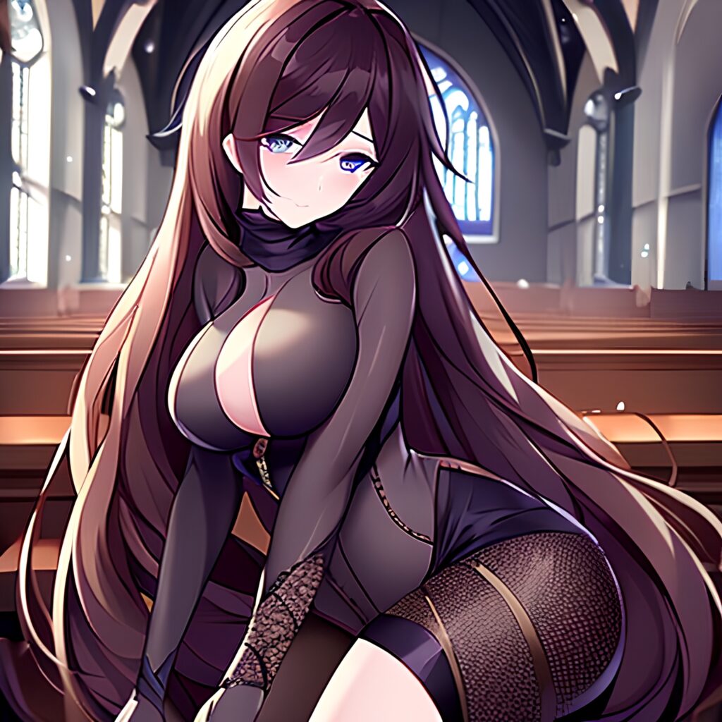 woman brunette church messy hair long hair fishnet