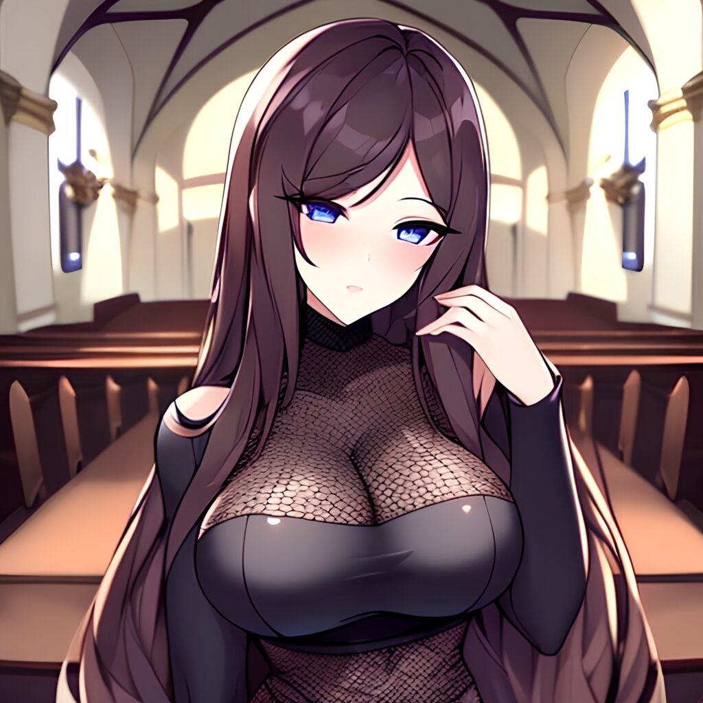 woman brunette fishnet church long hair messy hair 