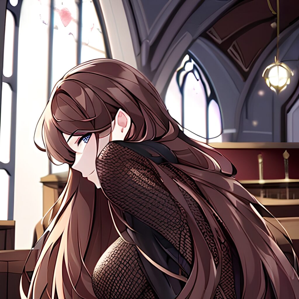 woman brunette fishnet church long hair messy hair 