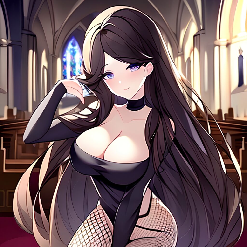 woman brunette fishnet church long hair messy hair 