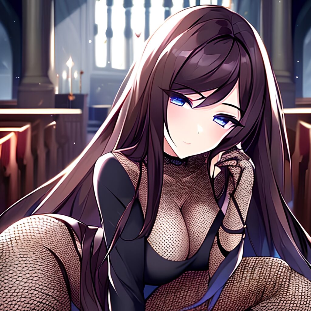 woman brunette fishnet church long hair messy hair