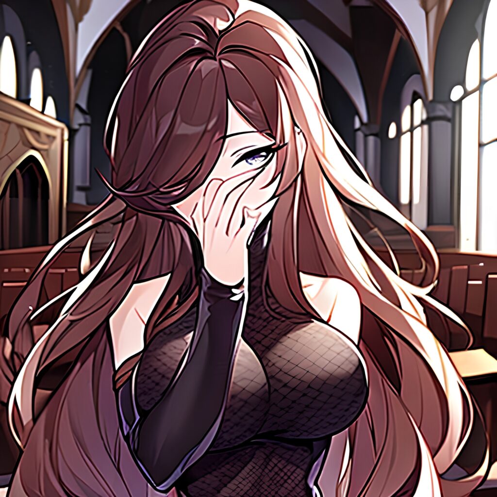 woman brunette fishnet church long hair messy hair