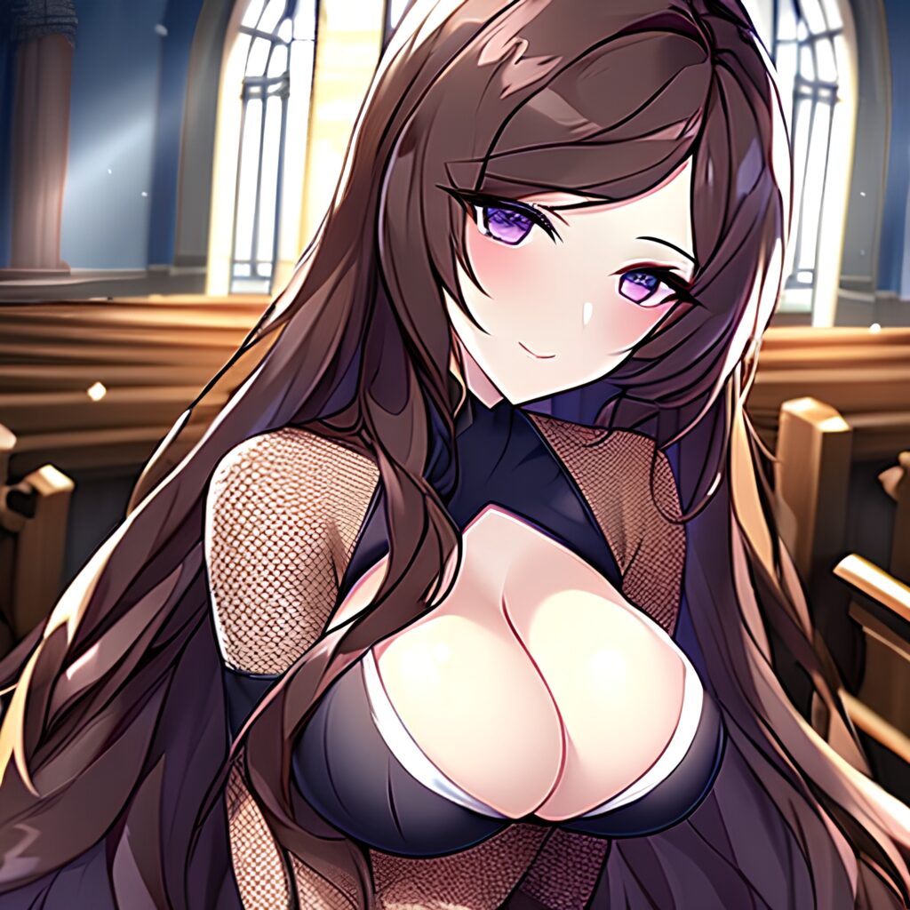 woman brunette fishnet long hair church messy hair
