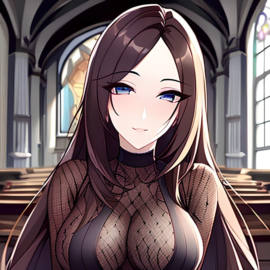 woman brunette fishnet long hair church messy hair 