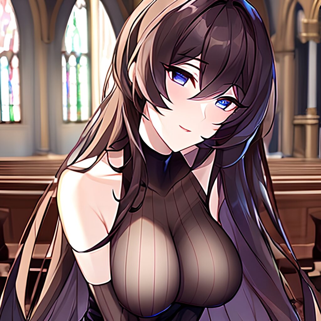 woman brunette fishnet long hair messy hair church