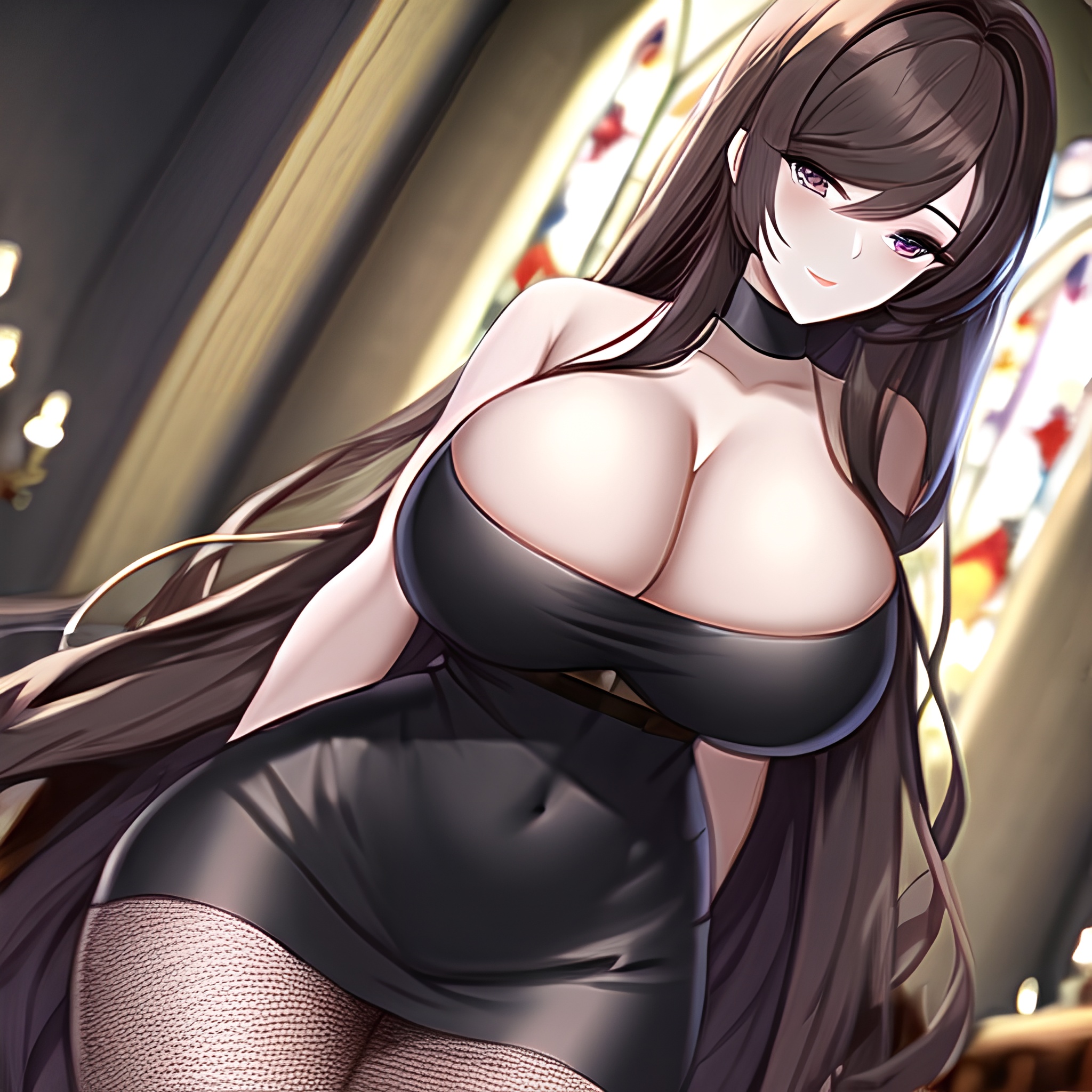 woman brunette fishnet long hair messy hair church 