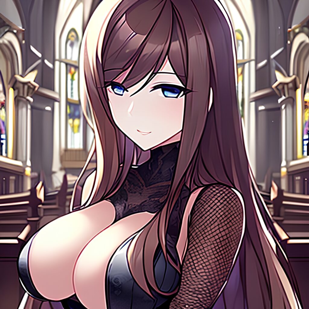 woman brunette fishnet messy hair church long hair 